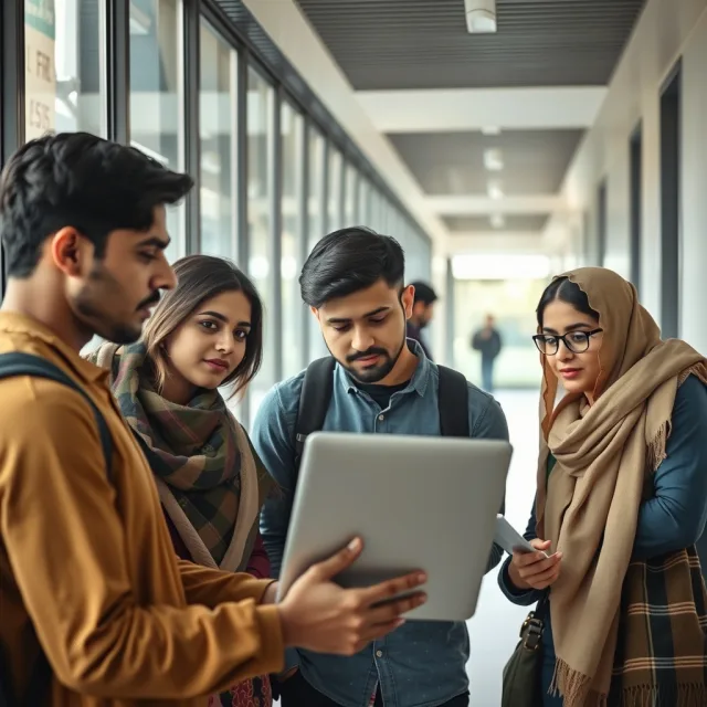 Students checking university admission updates on a laptop in Pakistan