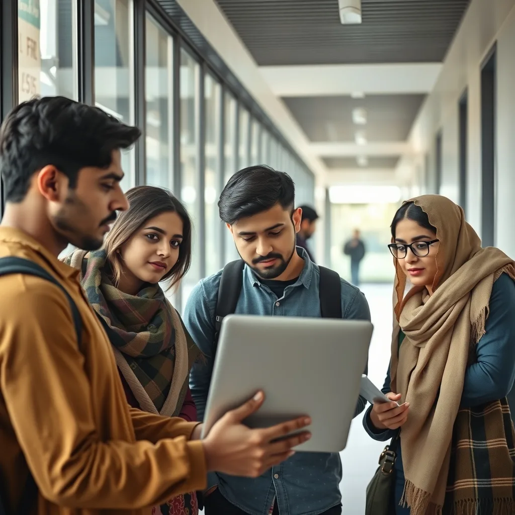 Students checking university admission updates on a laptop in Pakistan