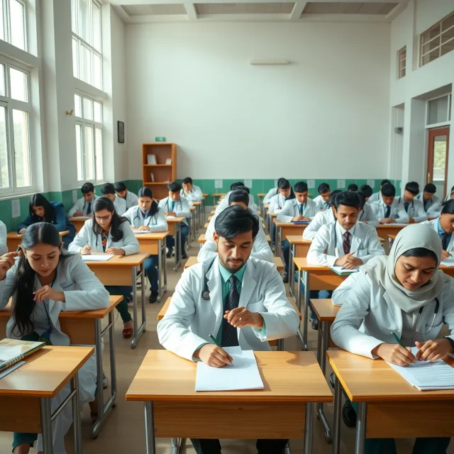 Doctors arriving at an examination center for the UHS Postgraduate Entrance Test in Punjab