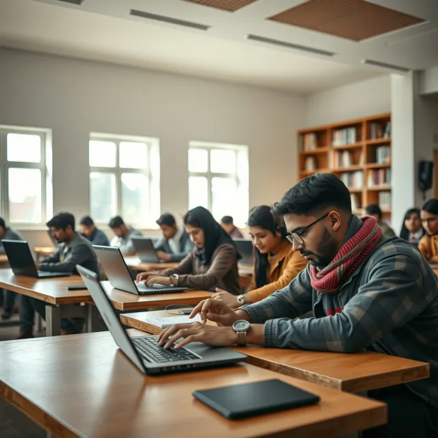 Students reviewing AI ethics concepts on laptops in a modern campus setting