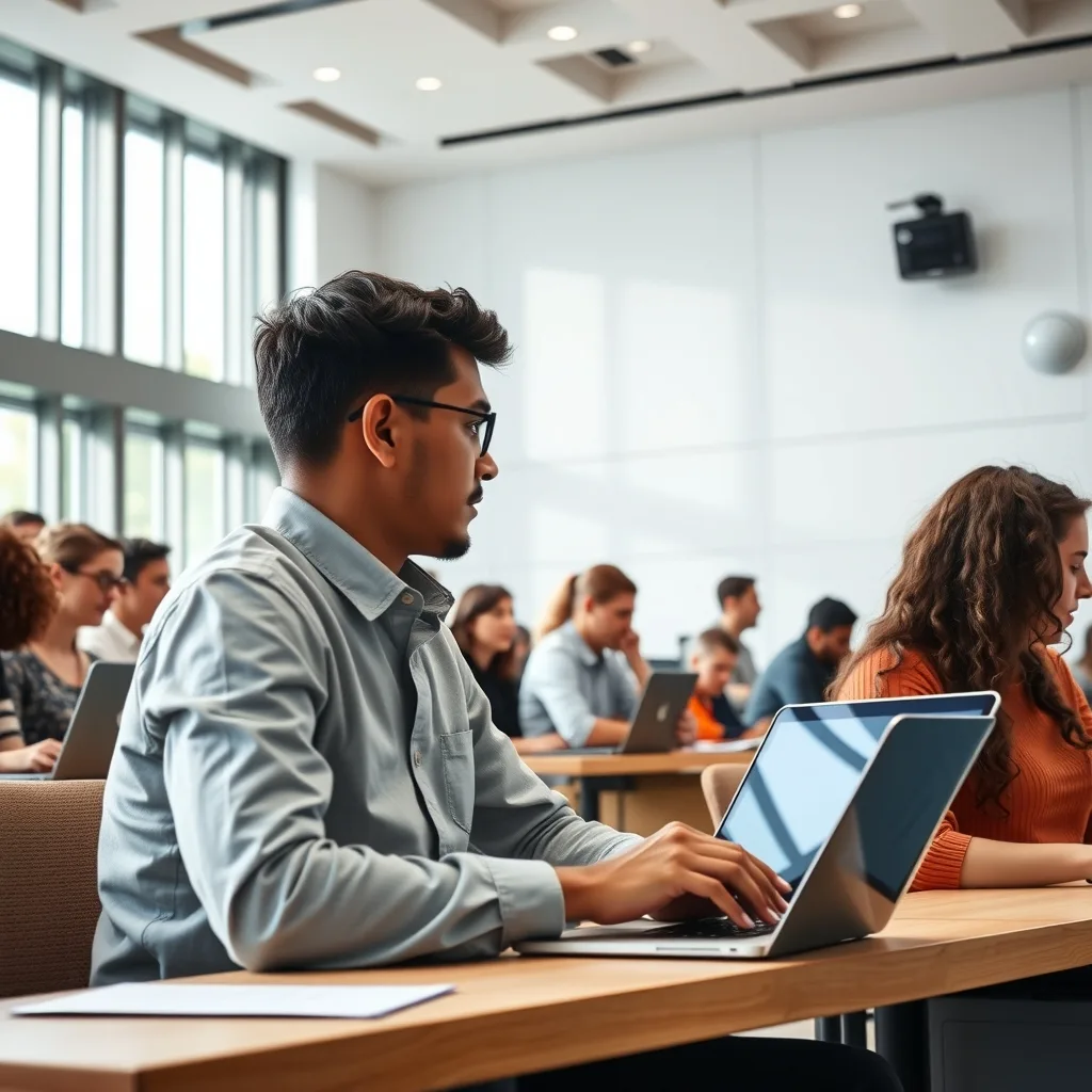 A modern university lecture hall setting reflecting the integration of technology in education.