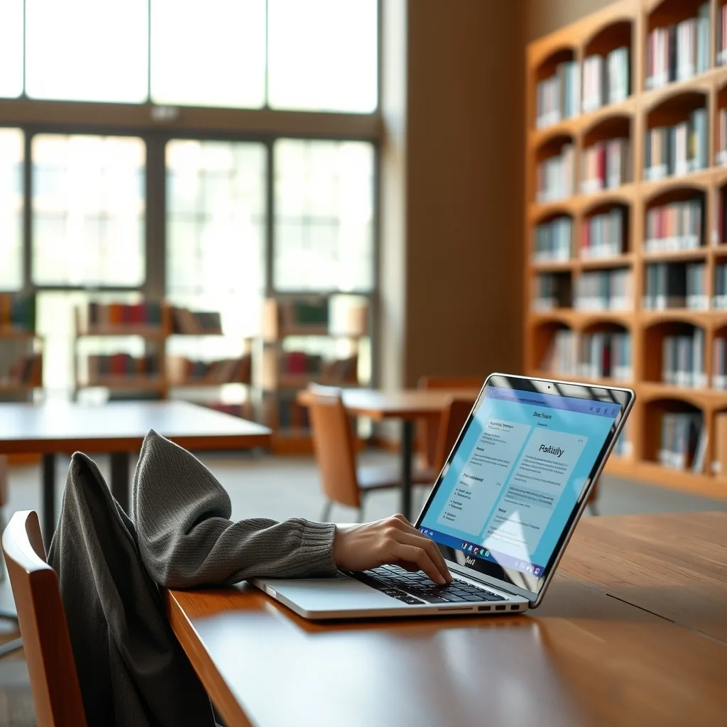 A student using a laptop for studying artificial intelligence concepts in a modern library setting in Pakistan