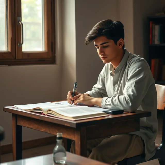 A Pakistani student studying at a desk with books and a notebook, focusing on independent learning.