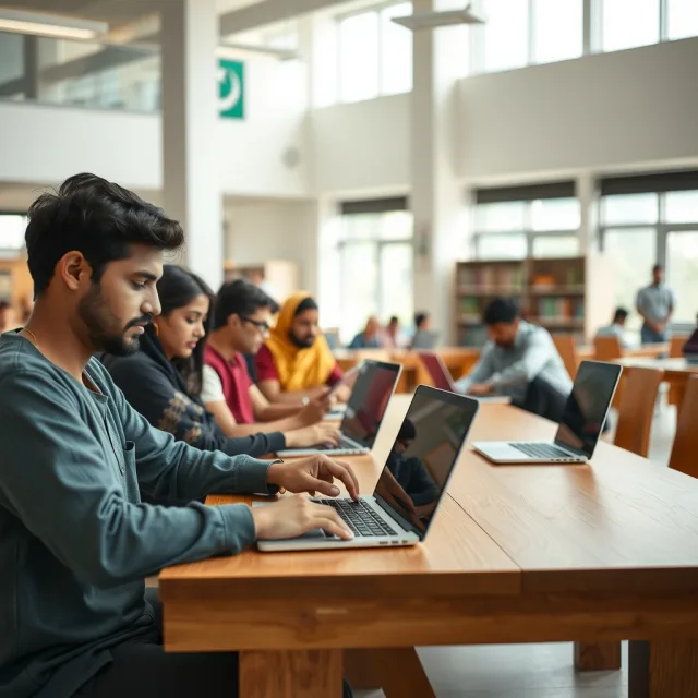 Pakistani students using laptops for study and research in a modern library setting