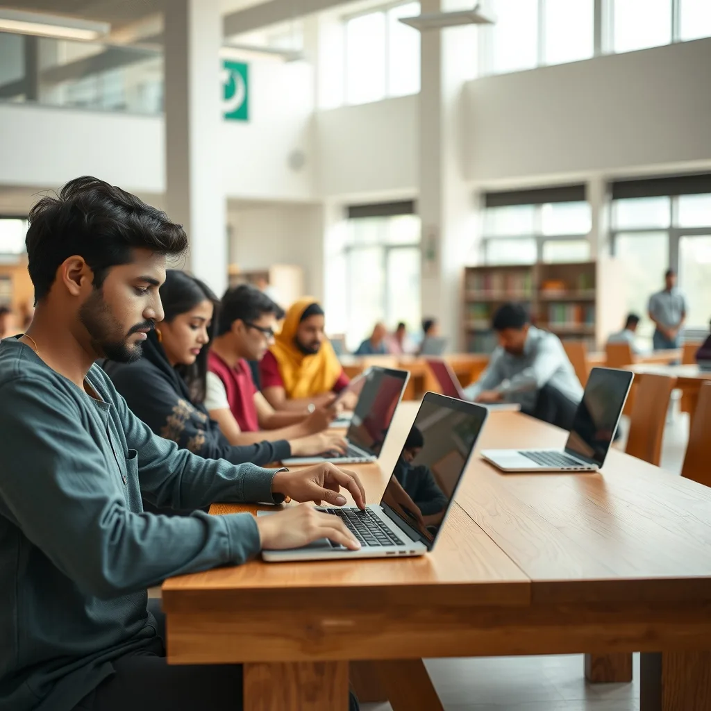 Pakistani students using laptops for study and research in a modern library setting