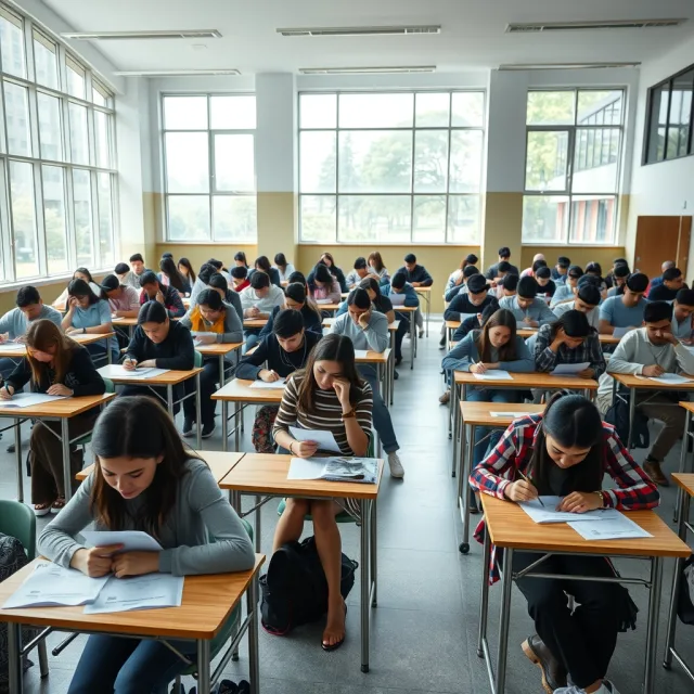 Students taking a serious university entrance exam in a secure hall