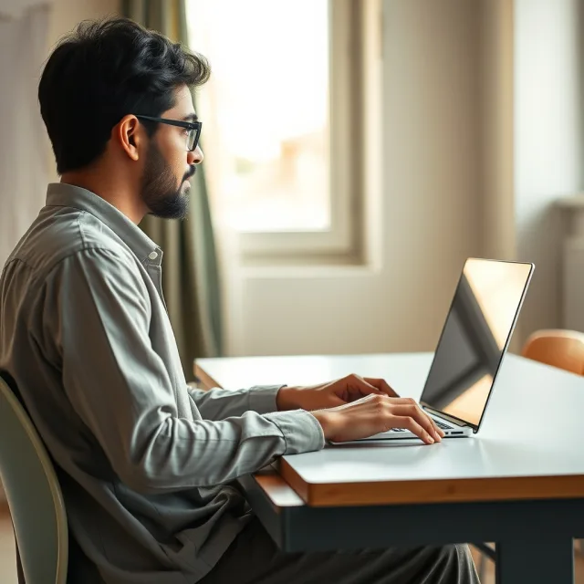 A Pakistani student focused on studying using a laptop for scholarship applications.