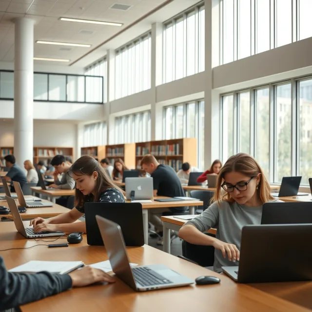 Students using digital tools and laptops for studies in a modern campus setting