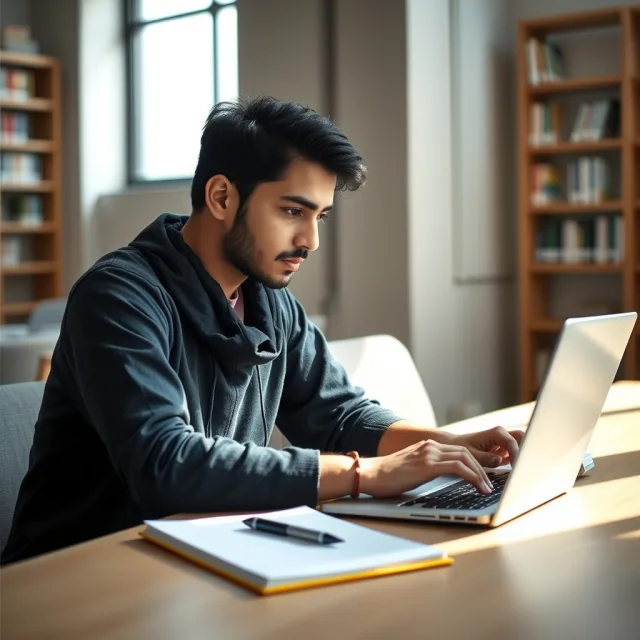 A student using a laptop to apply for an international scholarship.