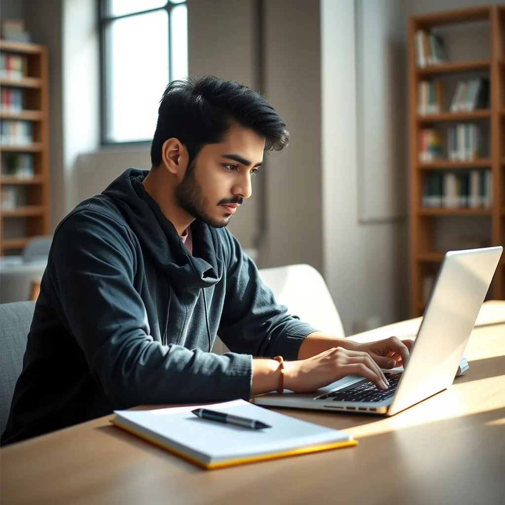 A student using a laptop to apply for an international scholarship.