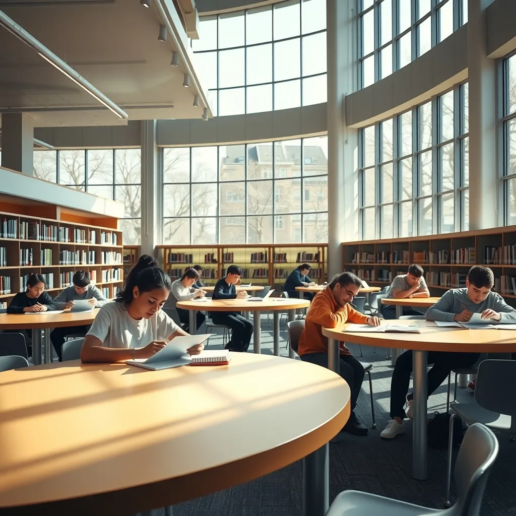 Students studying in a modern university library setting for international scholarship applications