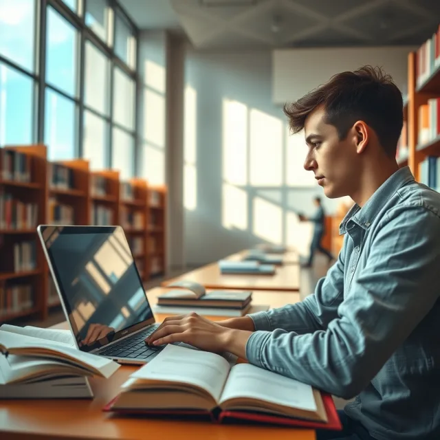 A student using a laptop in a library setting to study for exams
