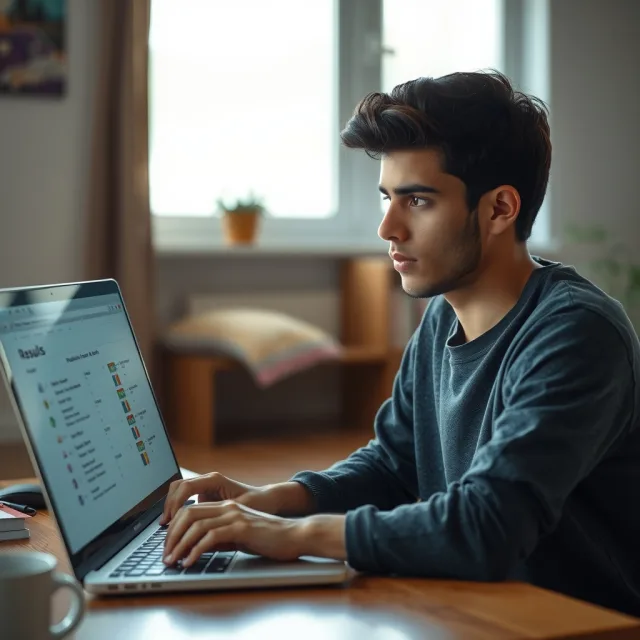 A student checking the BISE Bahawalpur SSC Part 1 Result 2026 online on a laptop screen.