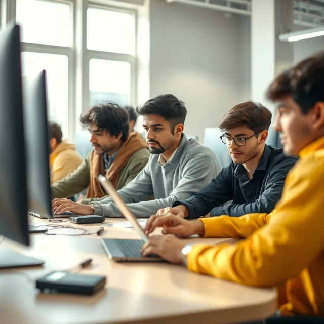 Pakistani students working on laptops in a university computer lab focusing on computer science careers