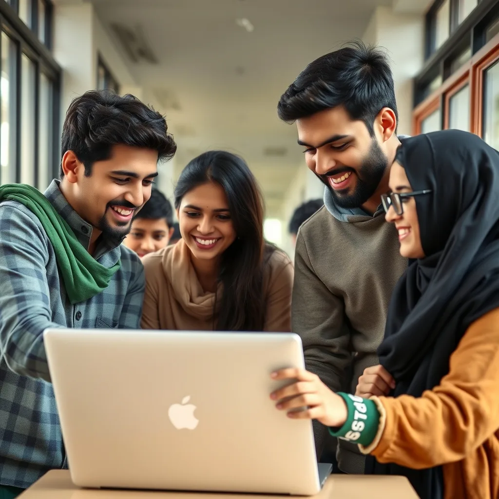 Pakistani students reviewing academic results on a computer