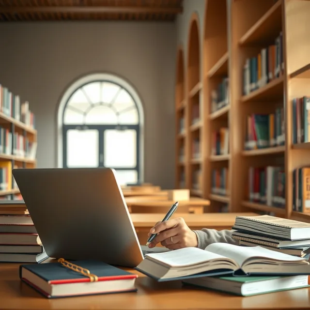 A student using a laptop in a modern library setting to study for exams.