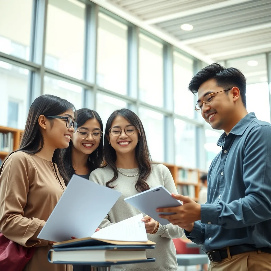 Graduate international students studying at a university campus library