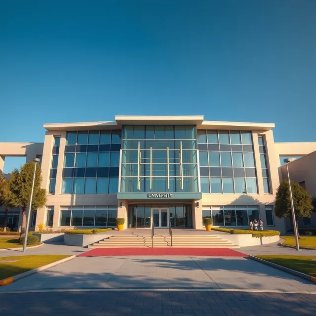 The exterior of a modern university building representing CECOS University admissions.