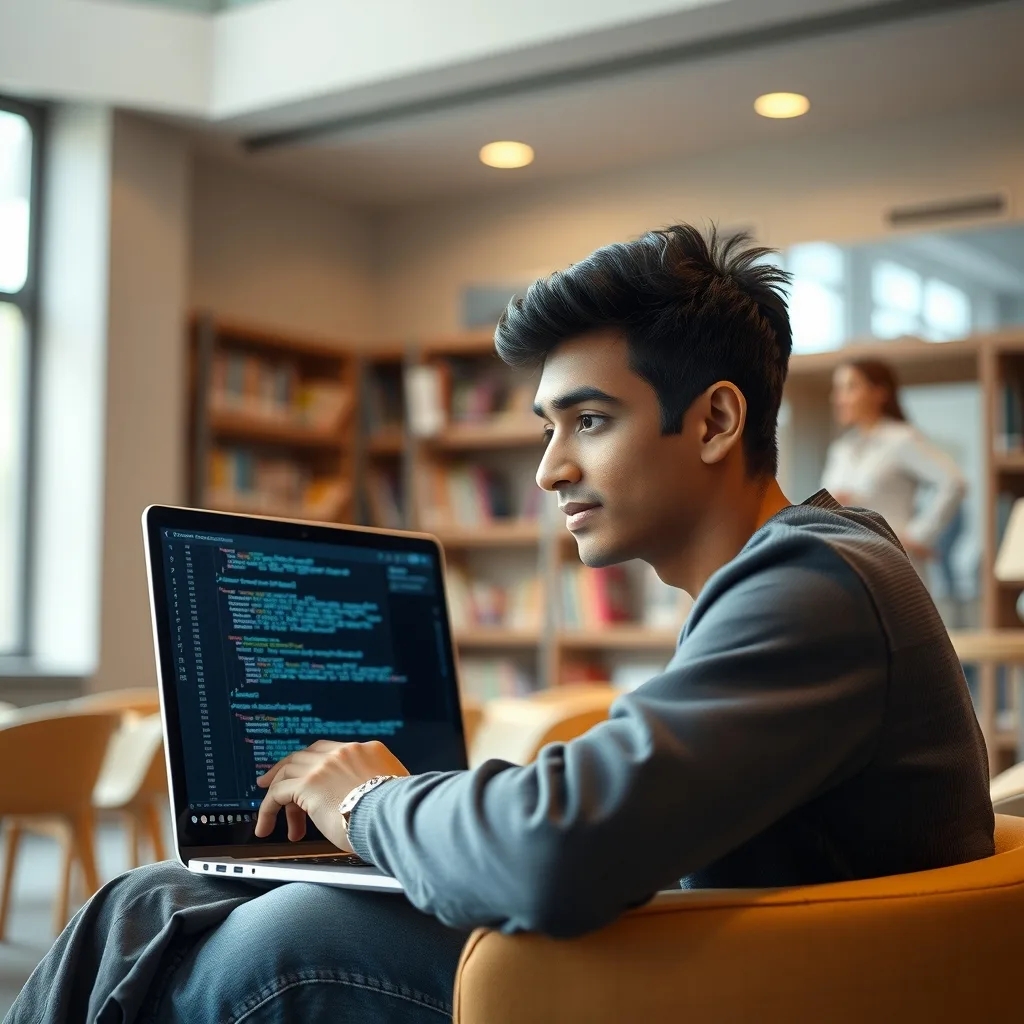 A student working on a laptop, representing the CM Punjab free AI certification program and IT training opportunities.