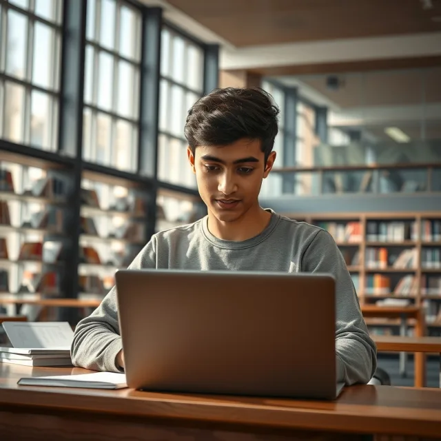 Pakistani student applying for international scholarships on a laptop at a university campus