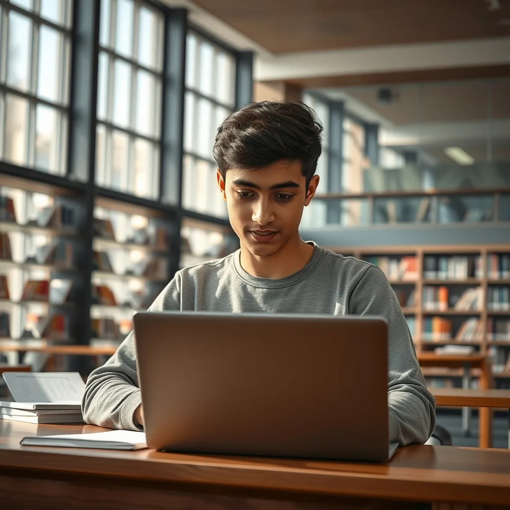 Pakistani student applying for international scholarships on a laptop at a university campus