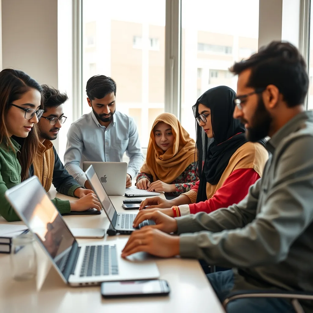 Pakistani students engaged in a professional internship setting at a university campus