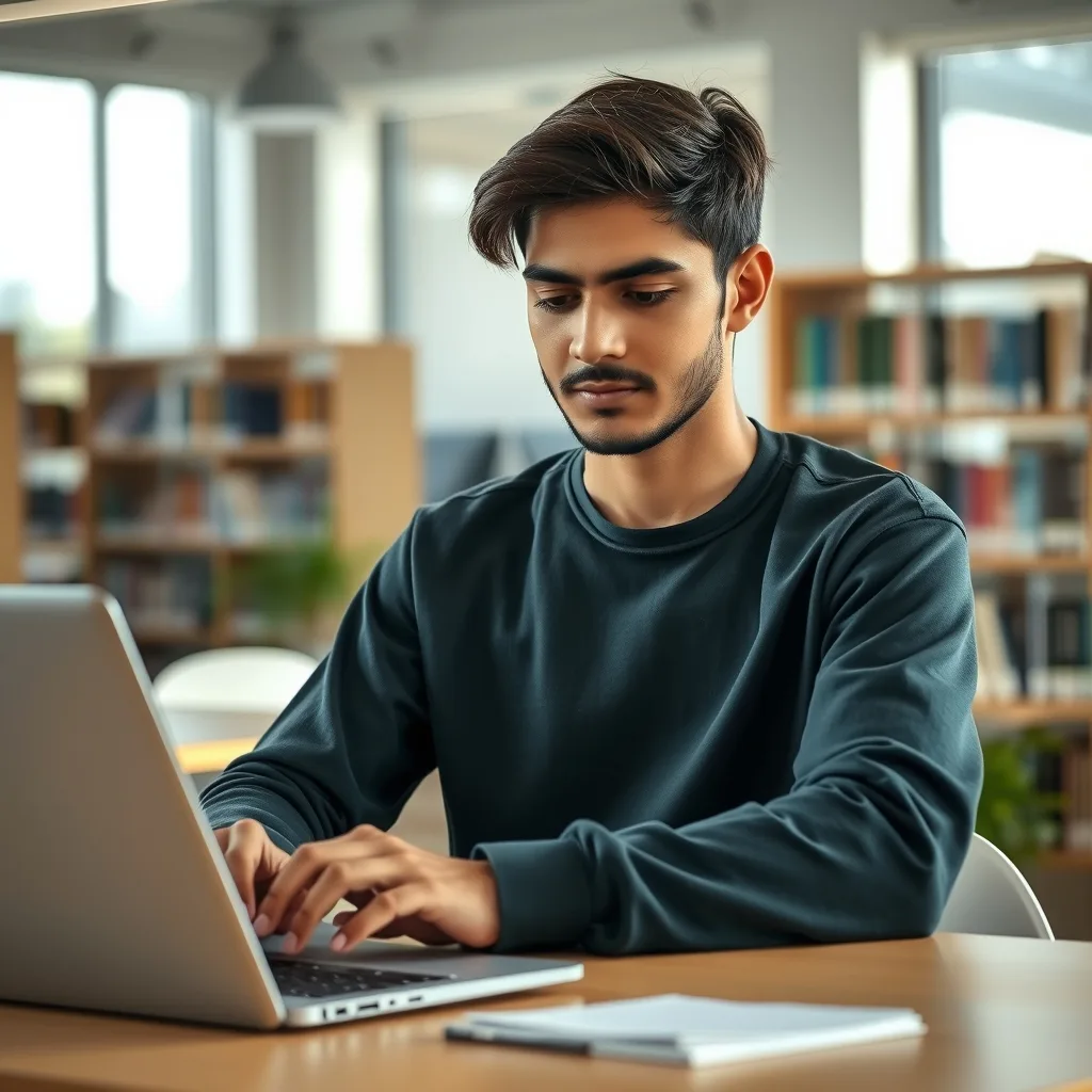 A student using a laptop in a Pakistani university setting for the COMSATS Al-Khidmat Scholarship 2026