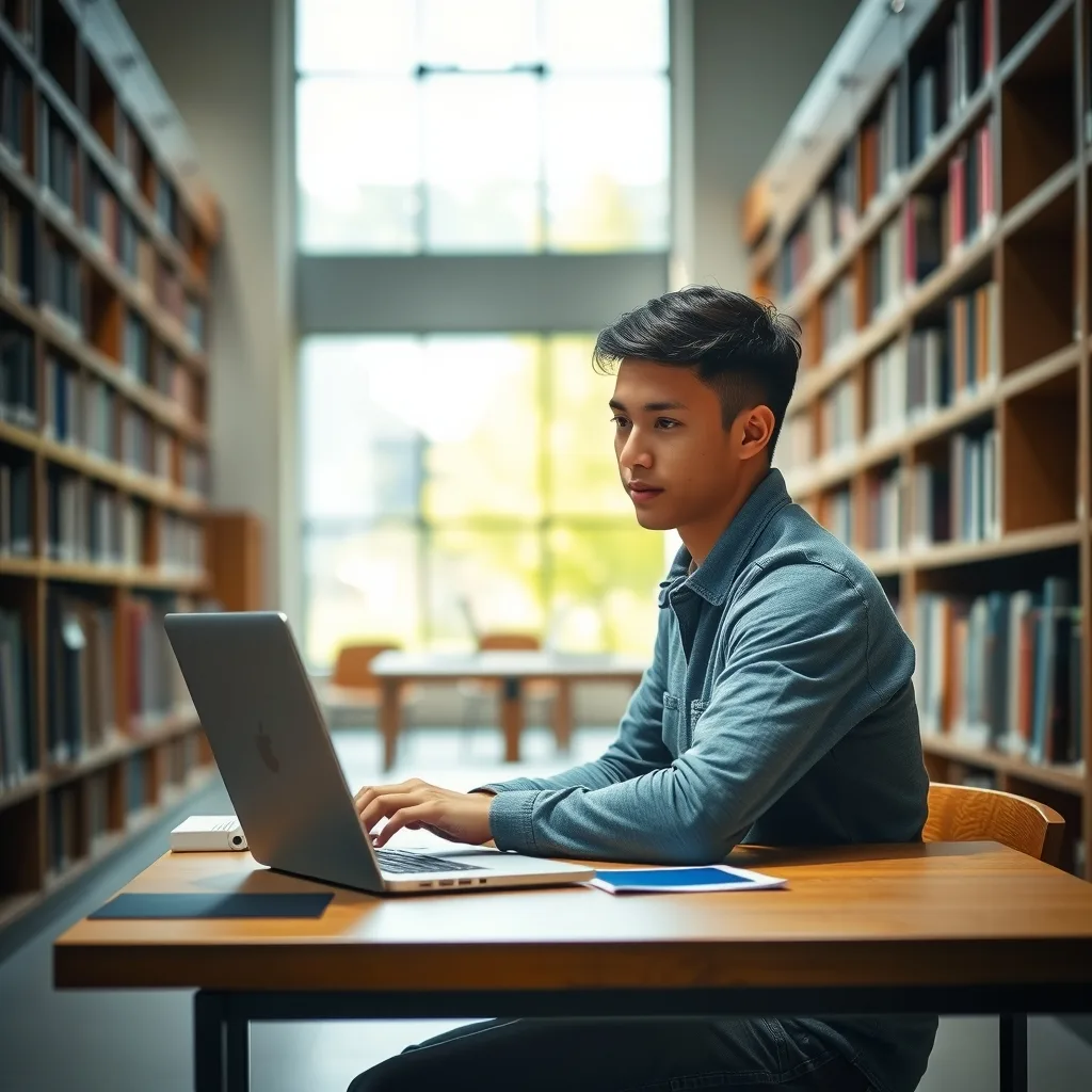 A student using a laptop in a modern university library setting for research.