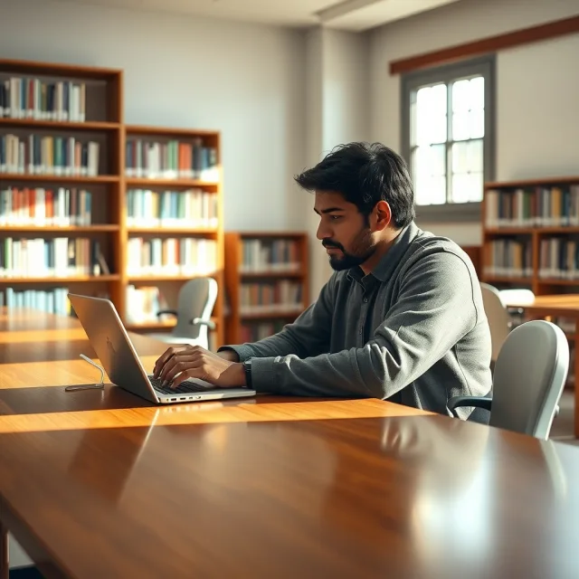 A Pakistani student focusing on an online scholarship application on a laptop in a bright study environment.