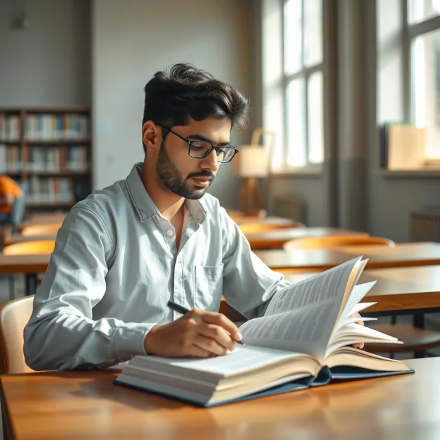 A Pakistani student studying in a modern library setting for the Dalda Foundation Scholarship