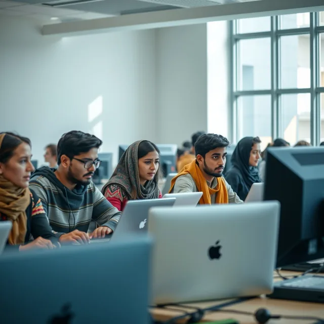 Students working on computers in a modern university setting in Pakistan