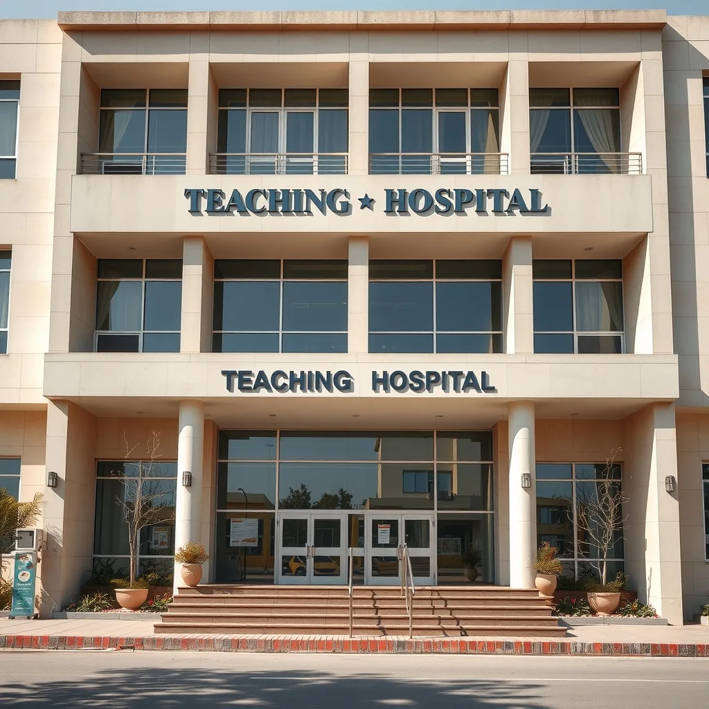 Exterior view of Khyber Teaching Hospital Peshawar building in Pakistan