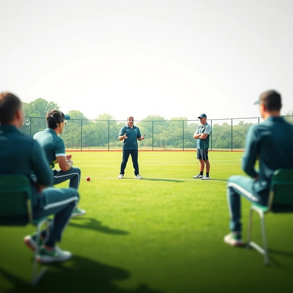 Teachers participating in a cricket coaching initiative at a school sports ground.