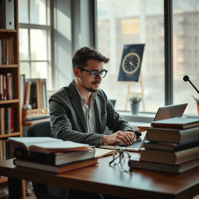 A researcher working on a laptop at a desk with books, representing the Echidna Global Scholars Program.