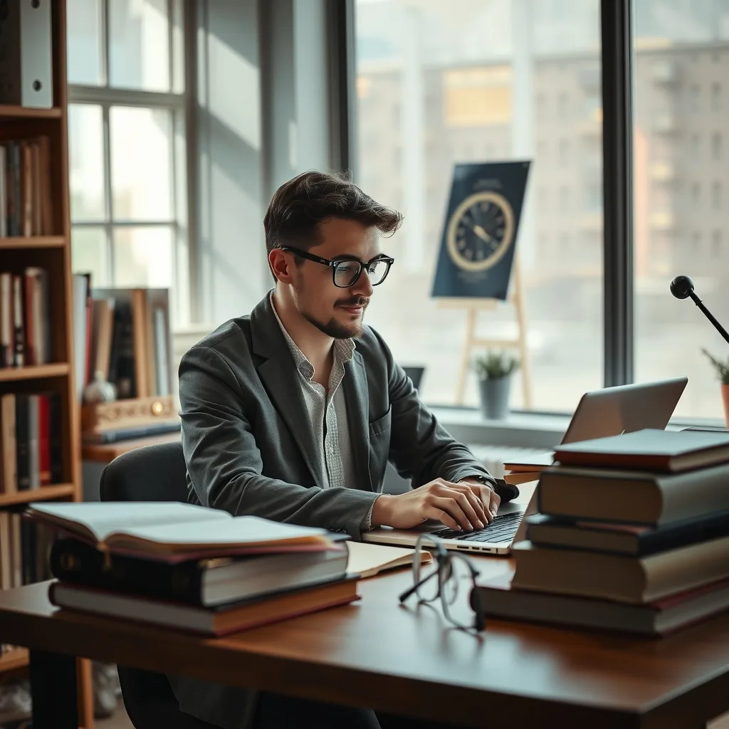 A researcher working on a laptop at a desk with books, representing the Echidna Global Scholars Program.