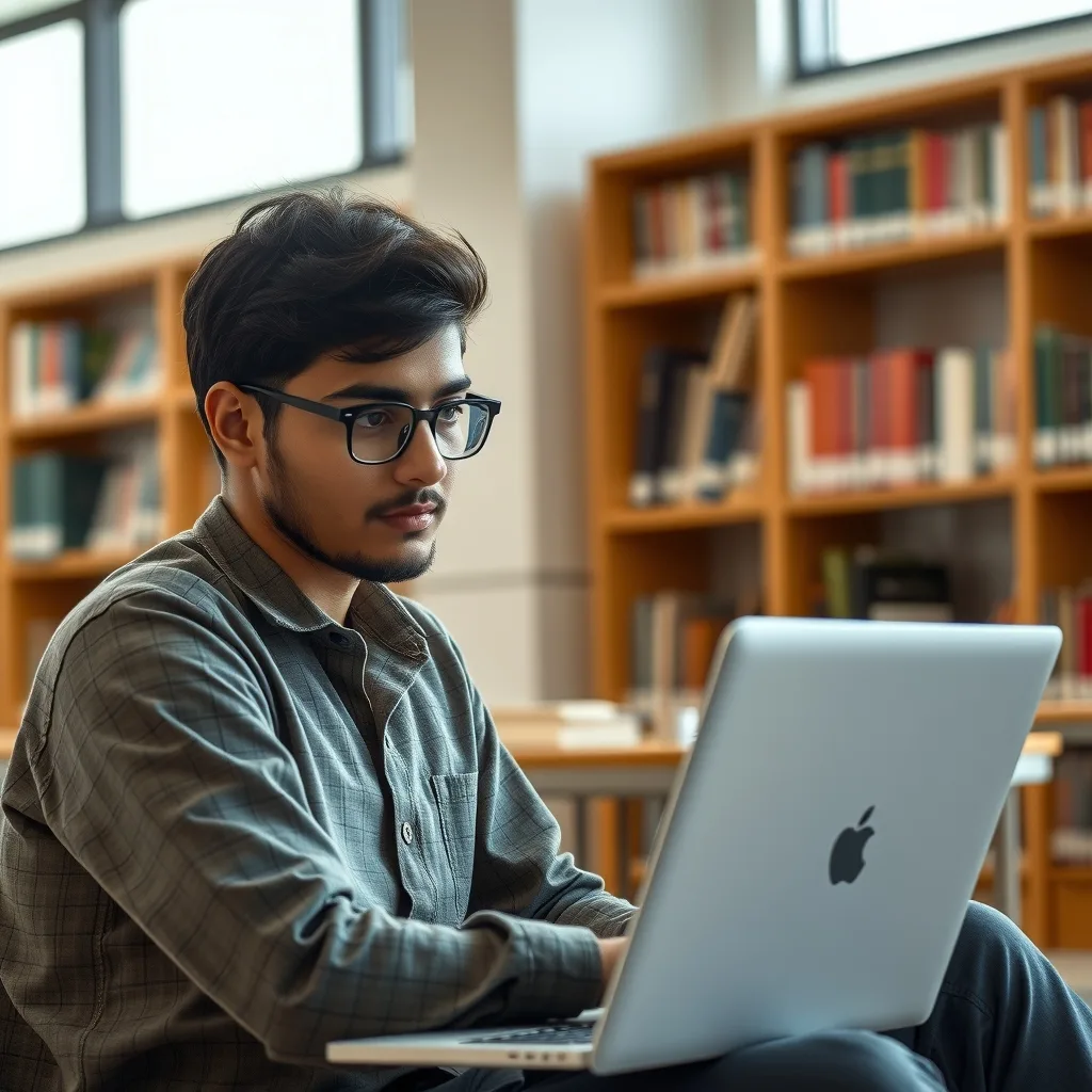Pakistani university student using a laptop to check scholarship information