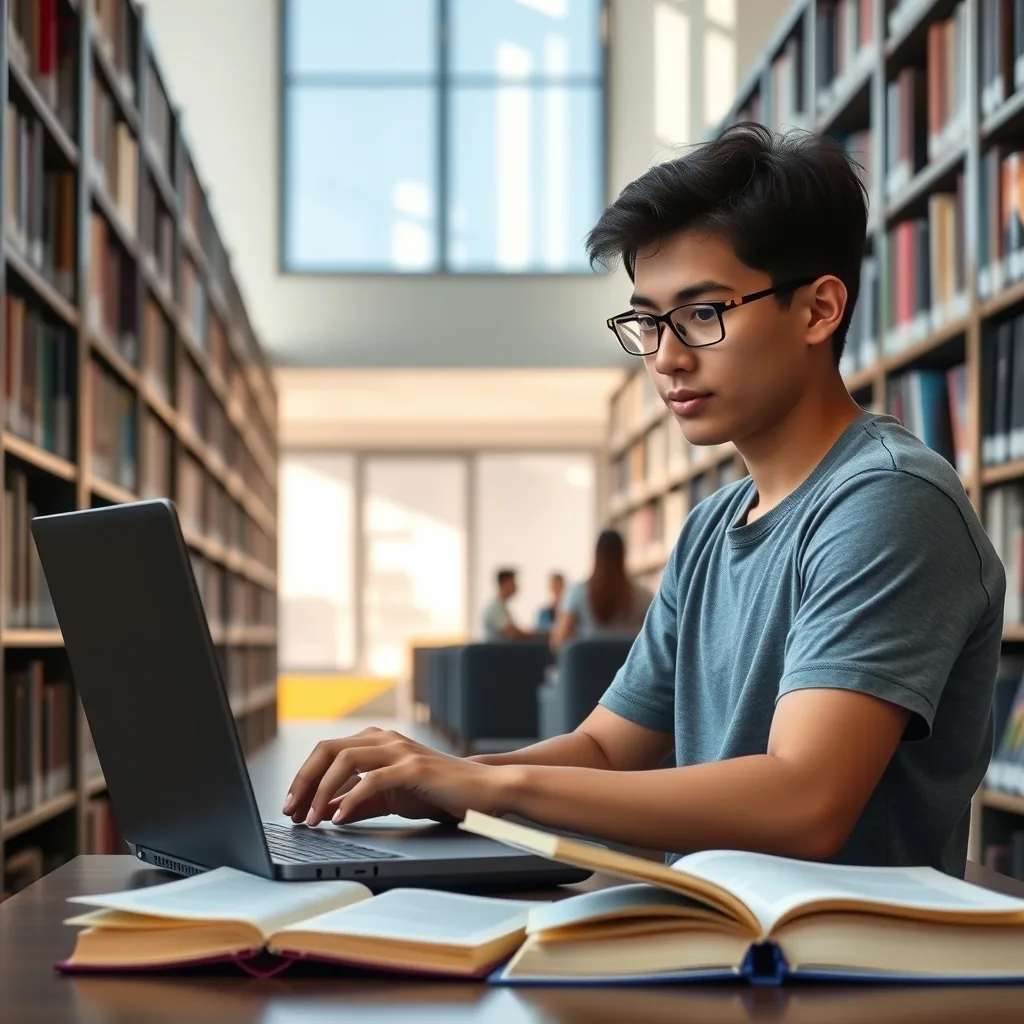 A student using a laptop for research to learn AI for students at a university campus.