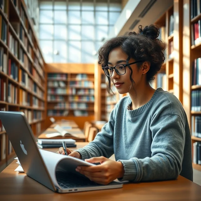 A student conducting research in an academic library setting, representing the Ernst Mach Grants 2026.