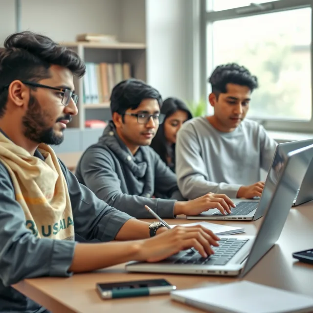 Pakistani students working on laptops to complete FBISE HSSC registration