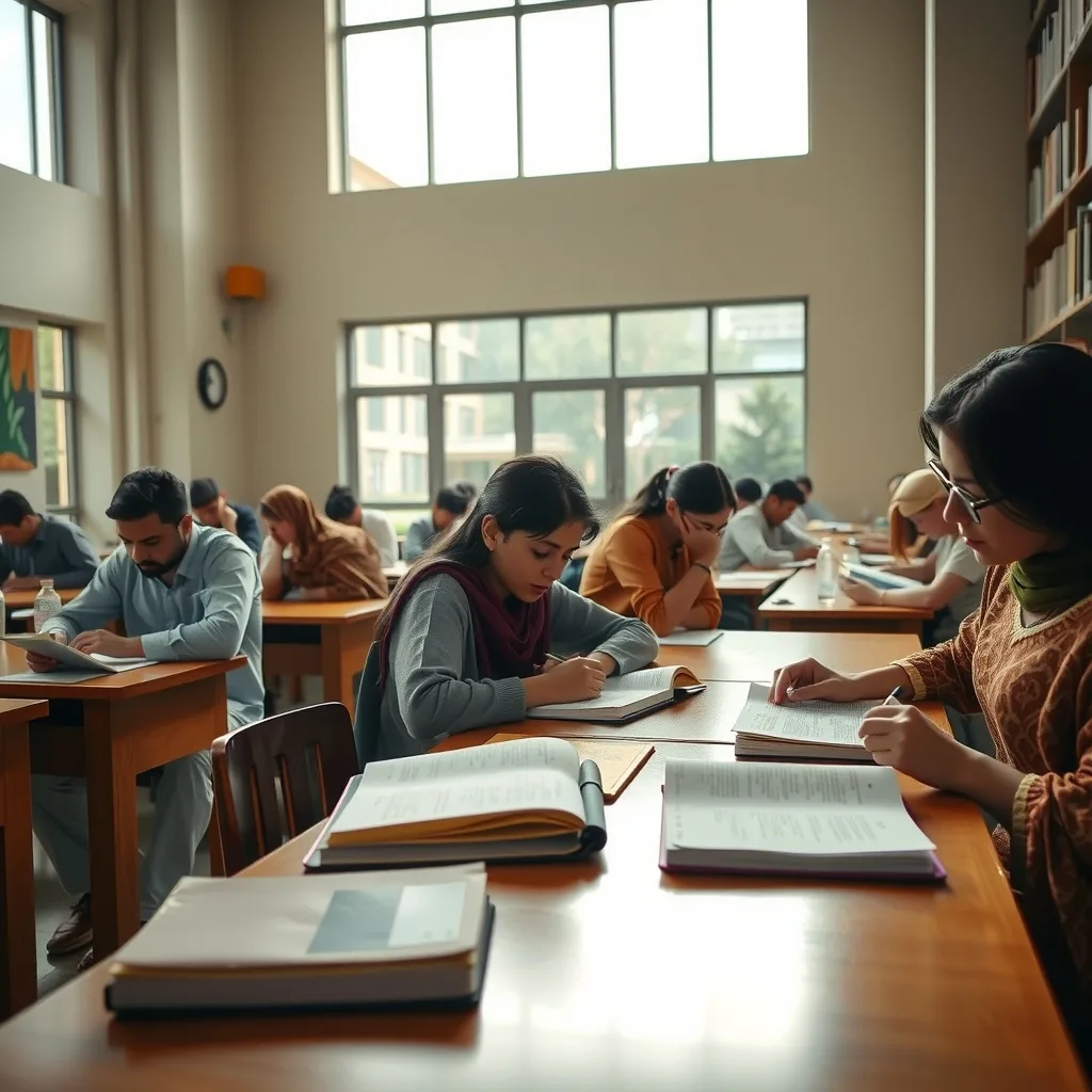 Students studying in a Pakistani university library with books and notes