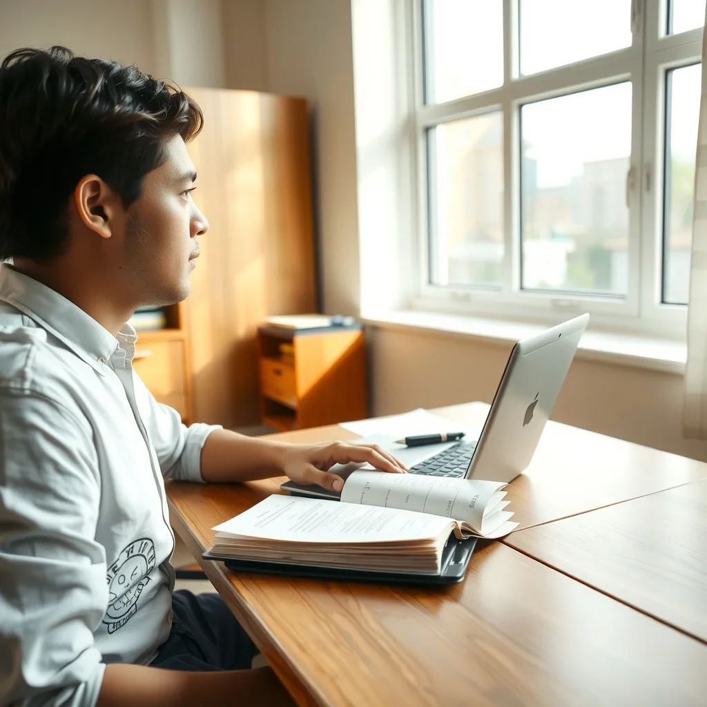 Student studying languages using a laptop and books at a desk