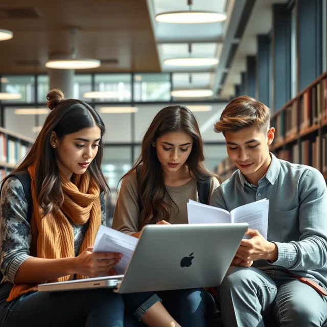 Students studying inside a modern university library discussing global higher education rankings.