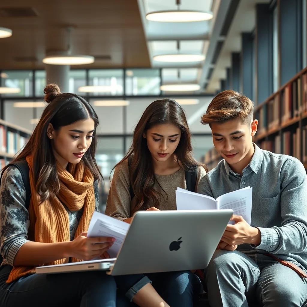 Students studying inside a modern university library discussing global higher education rankings.