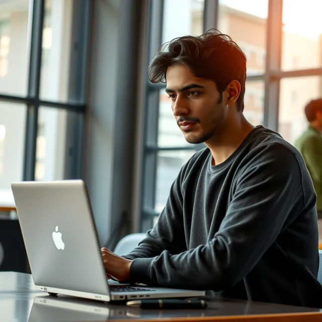 Pakistani student reviewing scholarship information on a laptop for Fulbright 2027