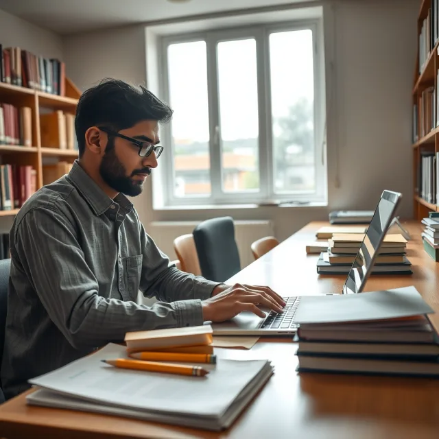 Pakistani academic working on a laptop for scholarship applications in a university setting