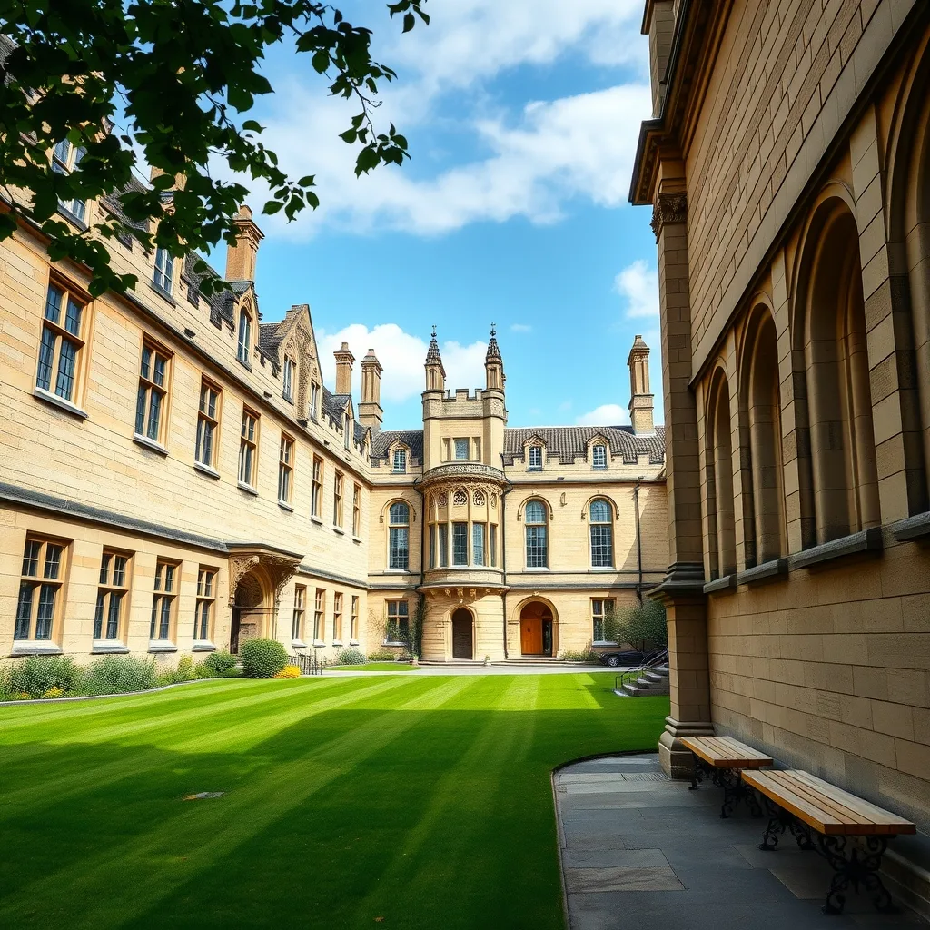 A realistic photograph of the historic University of Cambridge architecture featuring stone buildings and green lawns under natural daylight.