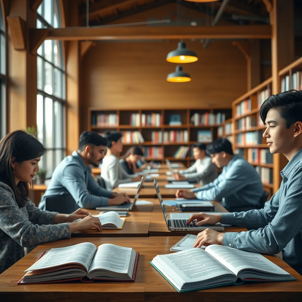 Students studying in a modern university library environment