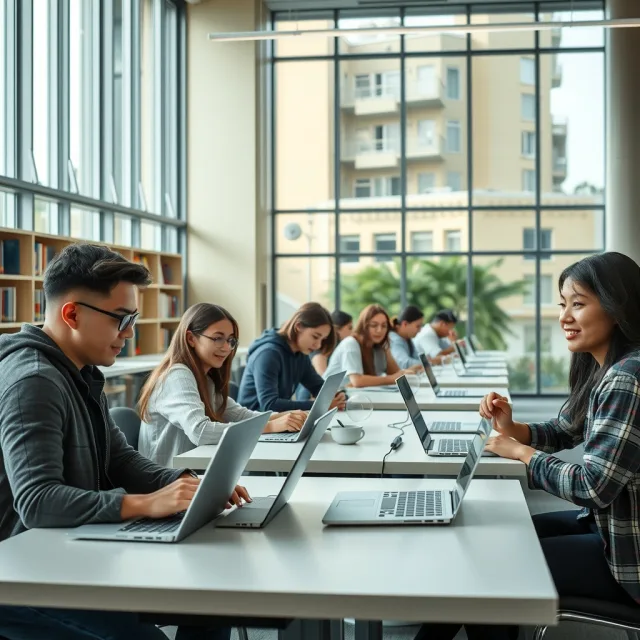 University students working on laptops accessing cloud artificial intelligence tools