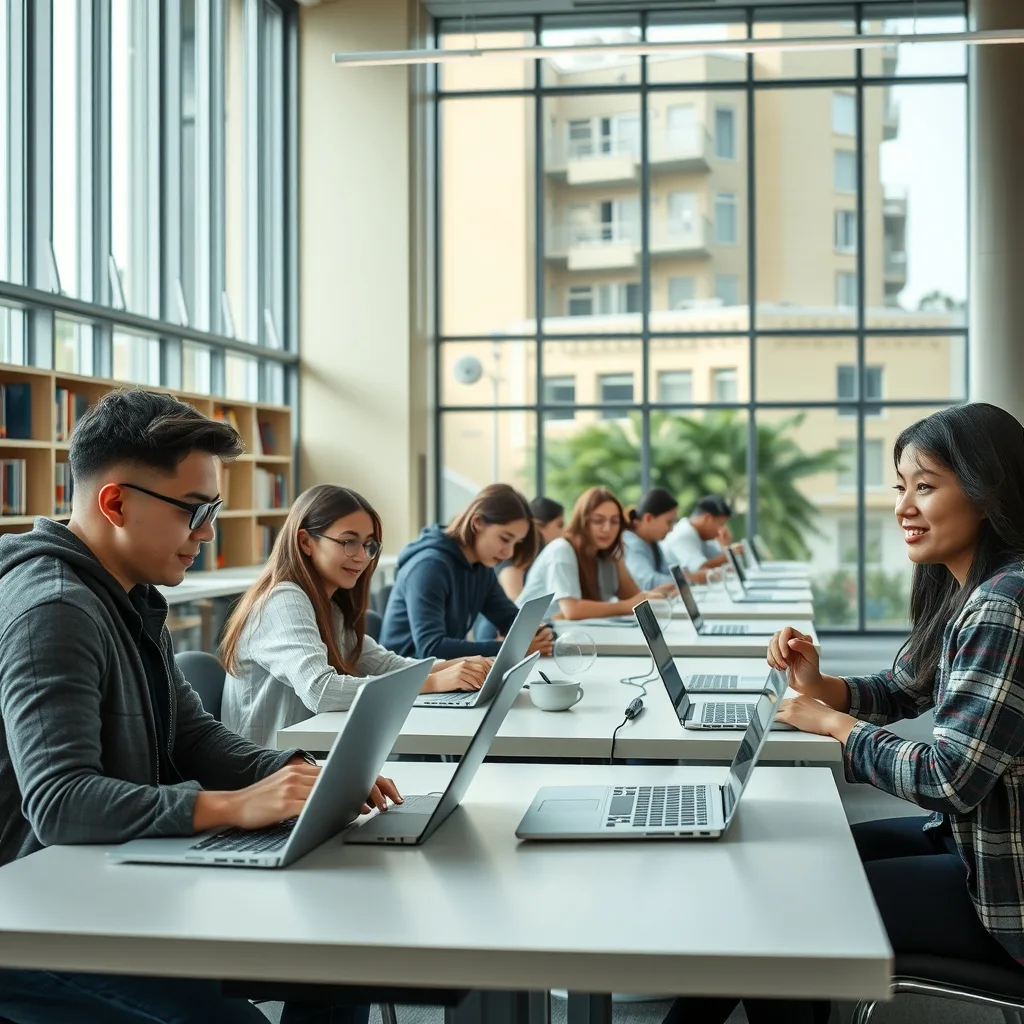 University students working on laptops accessing cloud artificial intelligence tools