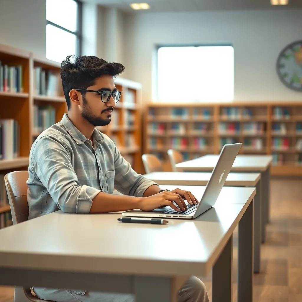 A student using a laptop for research in a modern library setting